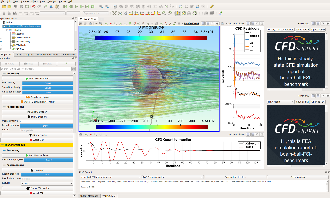 TCAE tutorial Beam-Ball FSI benchmark GUI interface